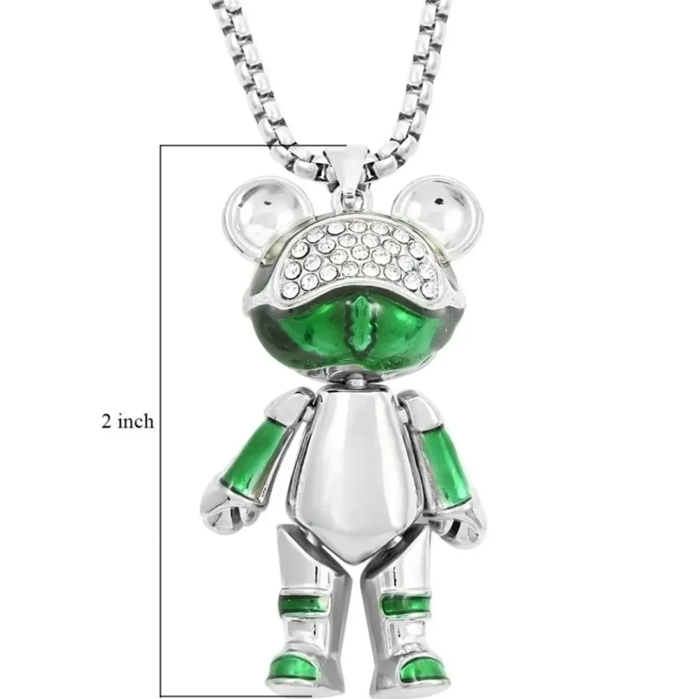 Green Enameled Astronaut Bear Stainless Steel Necklace